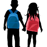 silhouette of kids with blue and red backpacks isolated on white