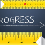 Measuring Progress or Improvement Concept. Two different tape measuring progress word with chalk with metric system and imperial units, flat design. Various way of measuring progress management.